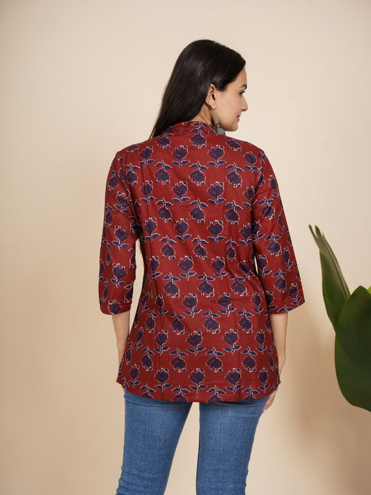 Ekisha's women maroon floral designer cotton printed tunic top short kurti, back view