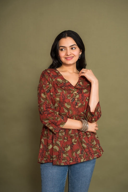 Ekisha's women maroon floral kalamkari designer printed cotton tunic top short kurti, front view 3