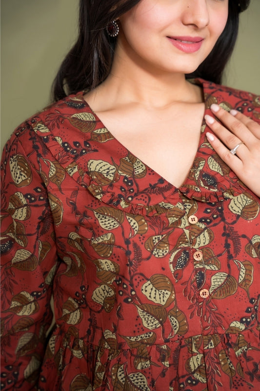 Ekisha's women maroon floral kalamkari designer printed cotton tunic top short kurti, detailed view