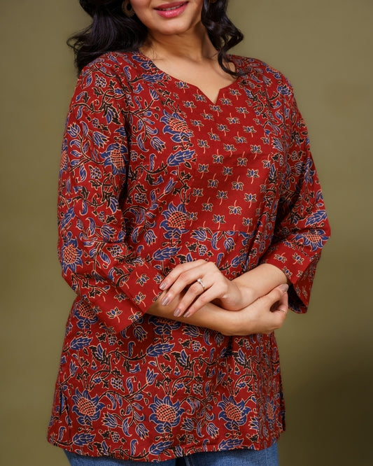 Ekisha's women maroon kalamkari designer printed cotton tunic top short kurti, detailed view