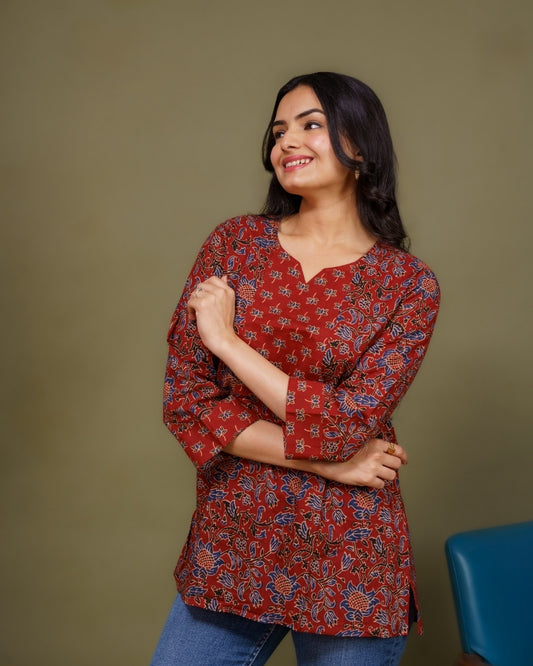 Ekisha's women maroon kalamkari designer printed cotton tunic top short kurti, side view