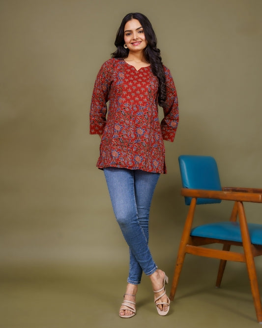 Ekisha's women maroon kalamkari designer printed cotton tunic top short kurti, front view