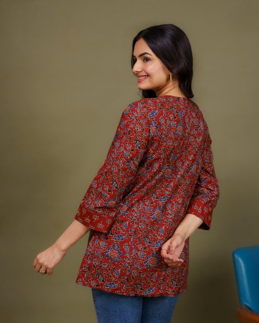 Ekisha's women maroon kalamkari designer printed cotton tunic top short kurti, back view