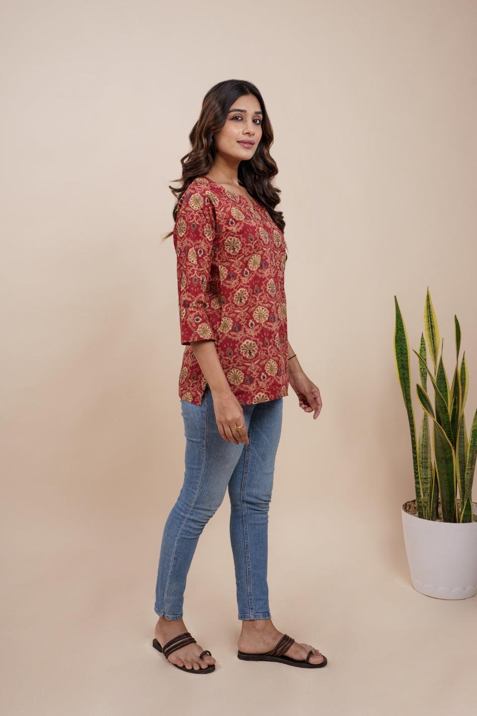 Ekisha's women maroon multicolor beautiful designer floral printed cotton tunic top short kurti - Ekisha