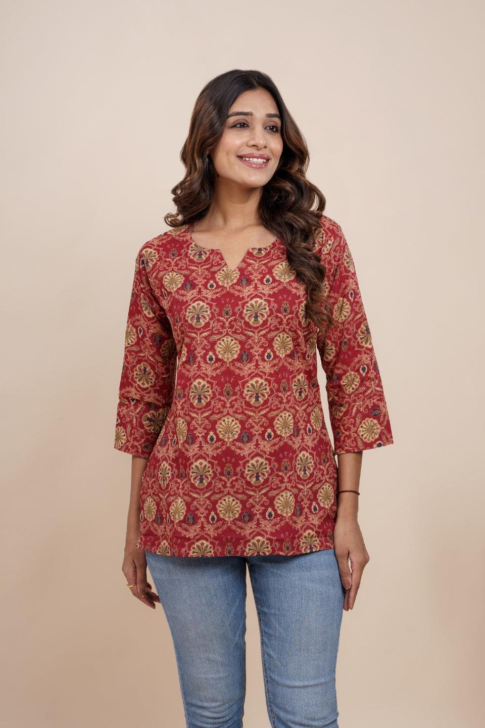 Ekisha's women maroon multicolor beautiful designer floral printed cotton tunic top short kurti - Ekisha