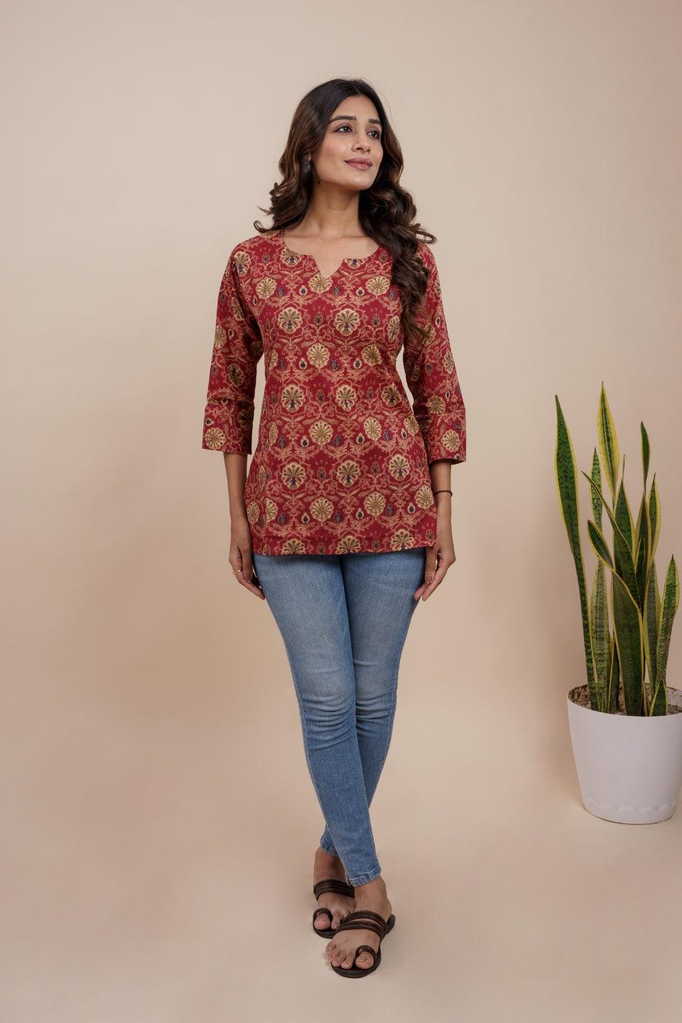 Ekisha's women maroon multicolor beautiful designer floral printed cotton tunic top short kurti - Ekisha