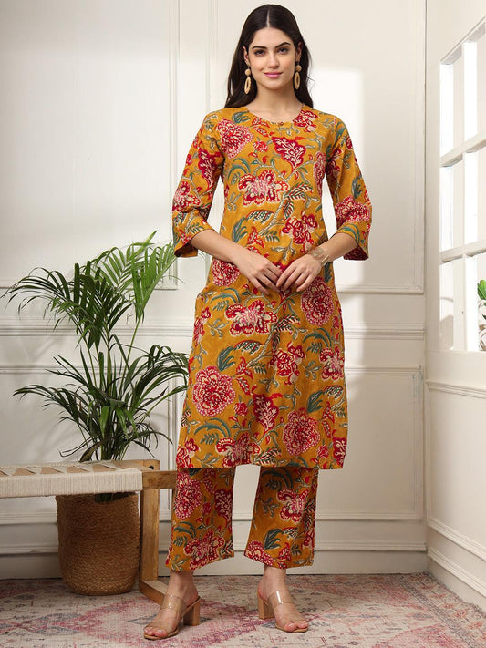 Ekisha's women mustard floral printed cotton co-ord set kurta set - Ekisha