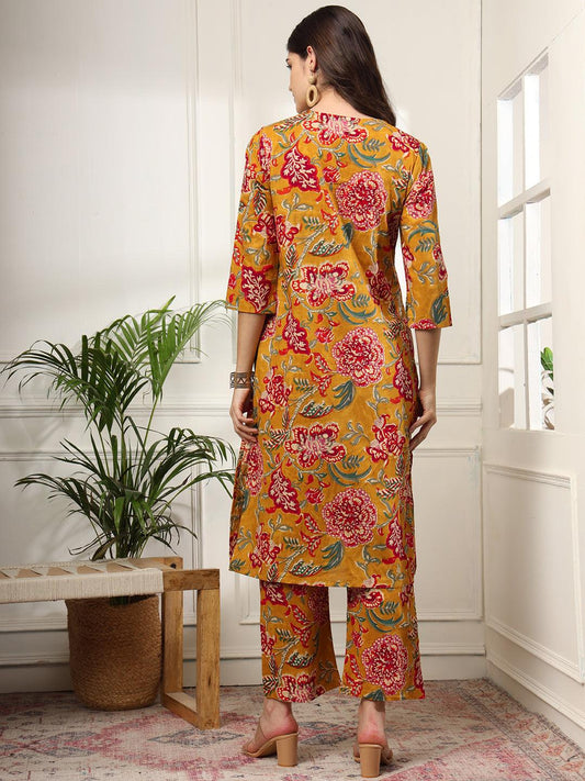 Ekisha's women mustard floral printed cotton co-ord set kurta set - Ekisha