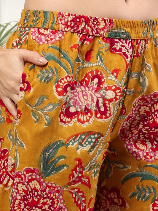 Ekisha's women mustard floral printed cotton co-ord set kurta set - Ekisha