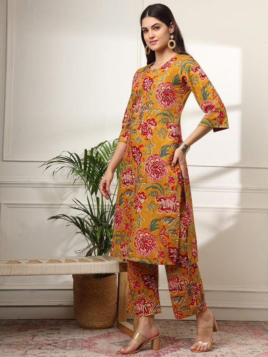 Ekisha's women mustard floral printed cotton co-ord set kurta set - Ekisha