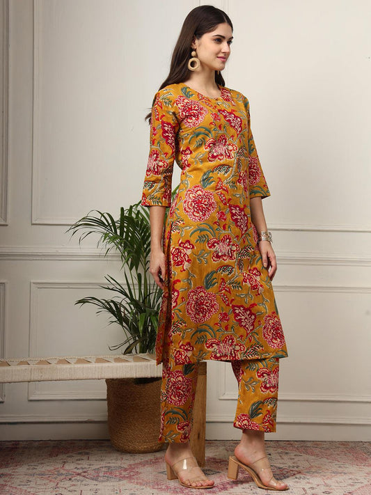 Ekisha's women mustard floral printed cotton co-ord set kurta set - Ekisha