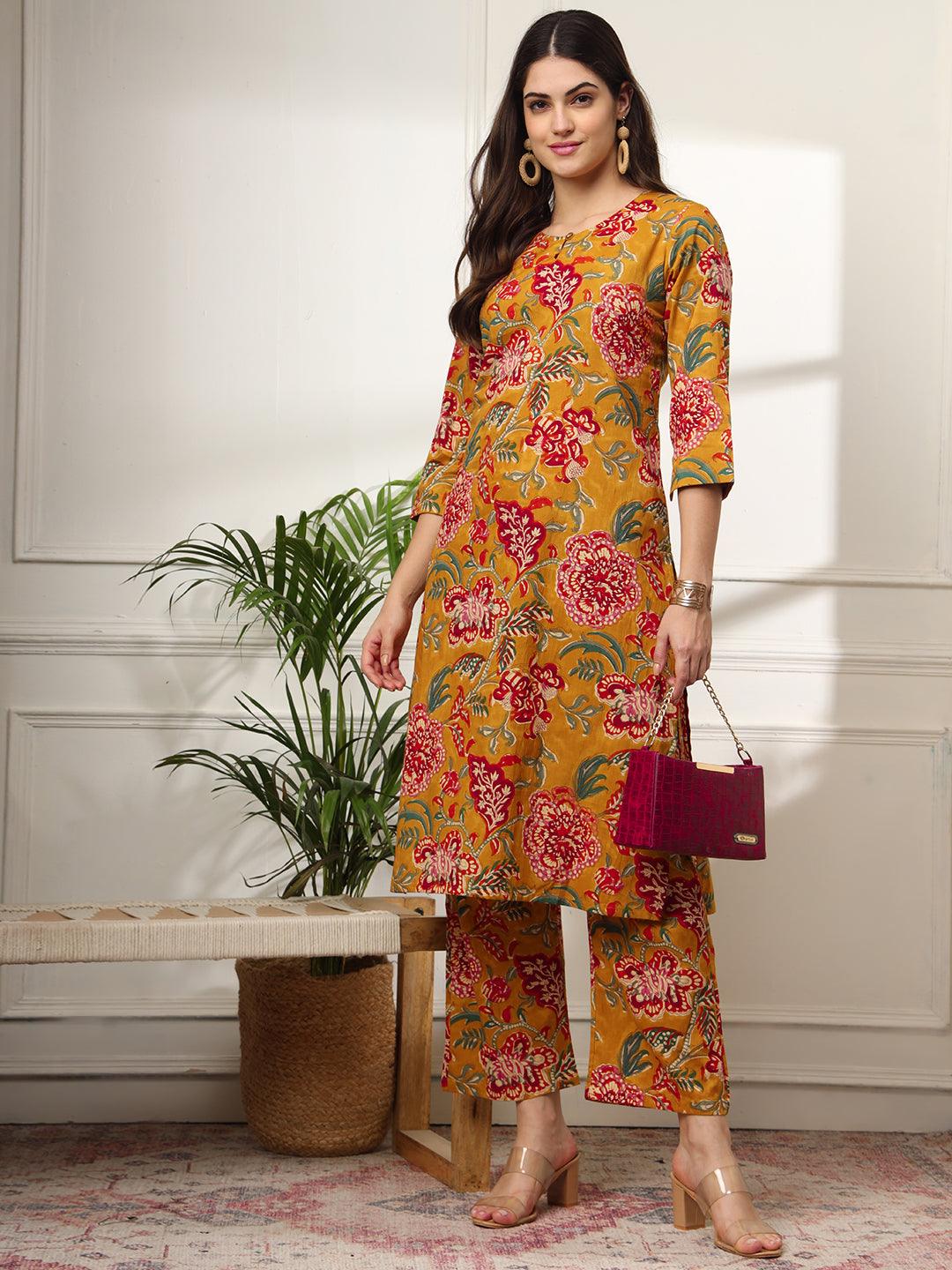 Ekisha's women mustard floral printed cotton co-ord set kurta set - Ekisha