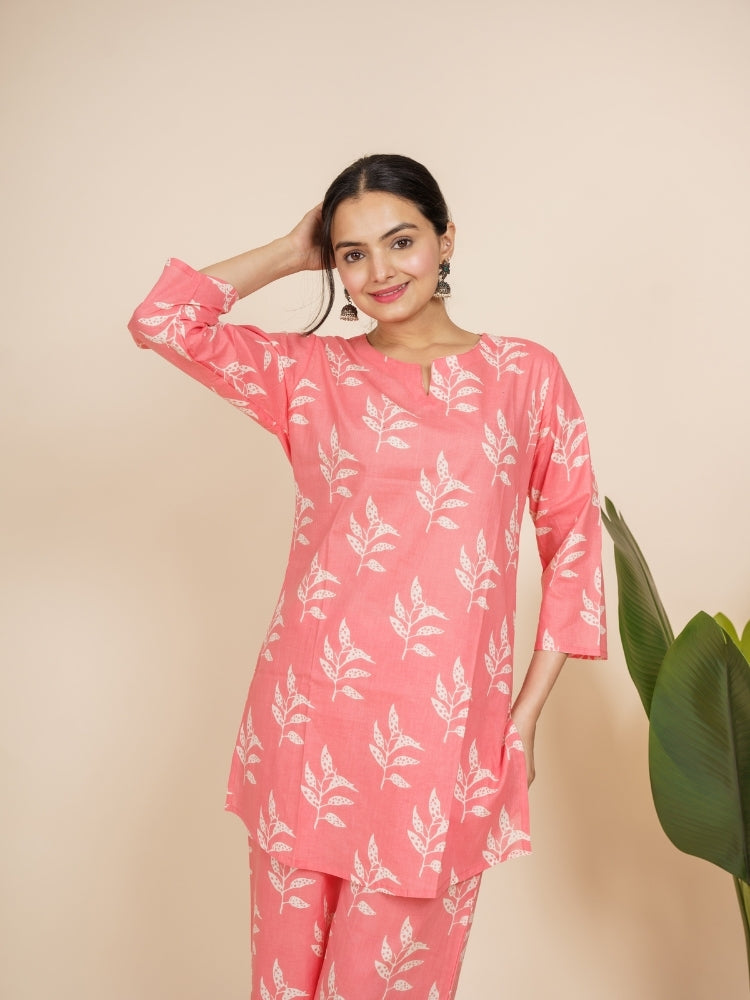 Ekisha's women peachish pink floral printed cotton co-ord set lounge wear, front view