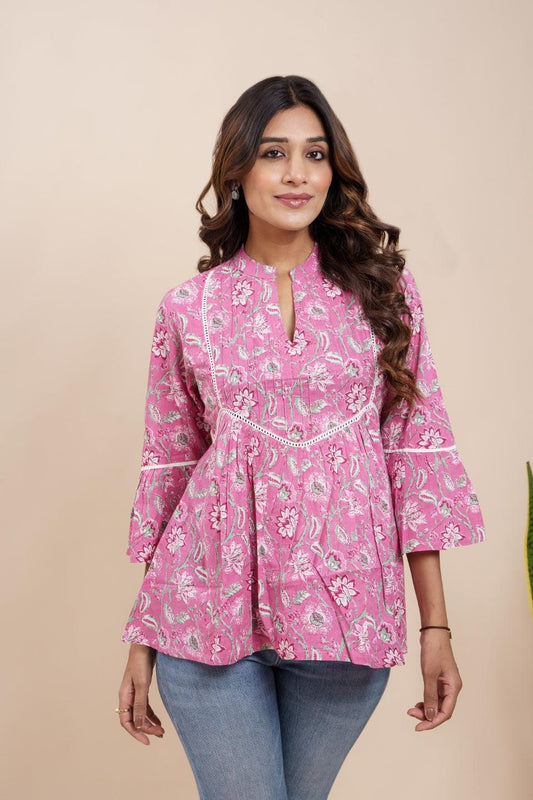 Ekisha's women pink beautiful designer floral printed cotton tunic top short kurti - Ekisha