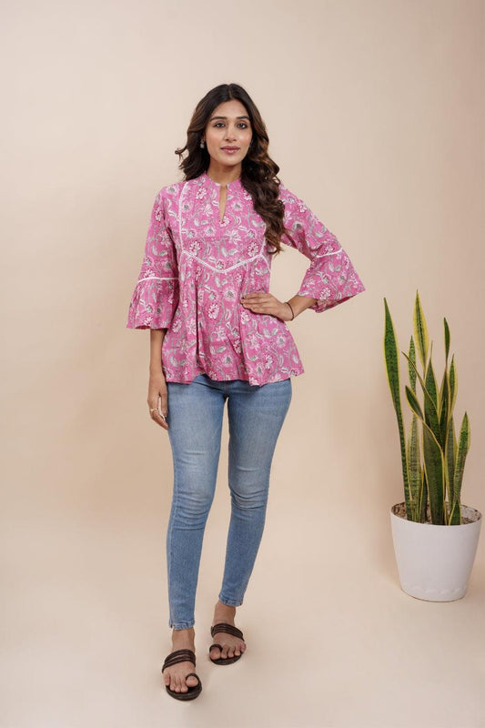 Ekisha's women pink beautiful designer floral printed cotton tunic top short kurti - Ekisha