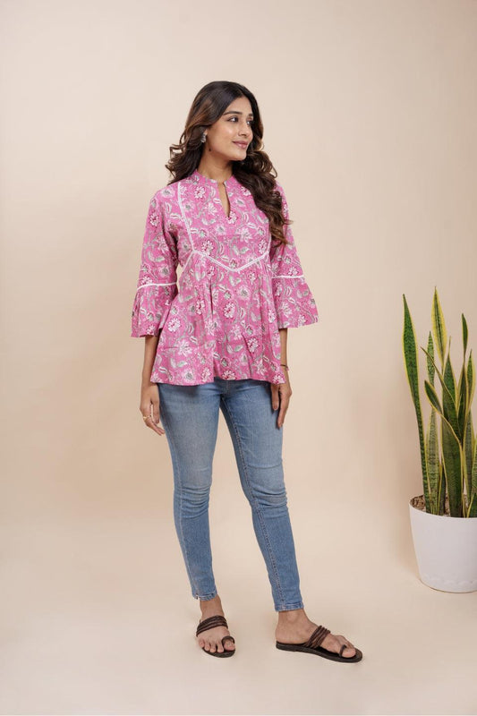 Ekisha's women pink beautiful designer floral printed cotton tunic top short kurti - Ekisha