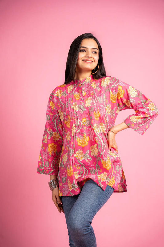 Ekisha's women pink designer floral printed cotton tunic top short kurti - Ekisha