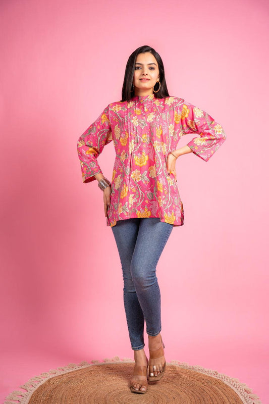 Ekisha's women pink designer floral printed cotton tunic top short kurti - Ekisha