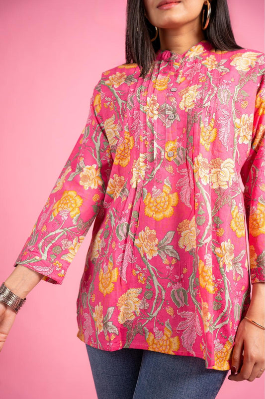 Ekisha's women pink designer floral printed cotton tunic top short kurti - Ekisha