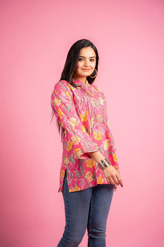 Ekisha's women pink designer floral printed cotton tunic top short kurti - Ekisha