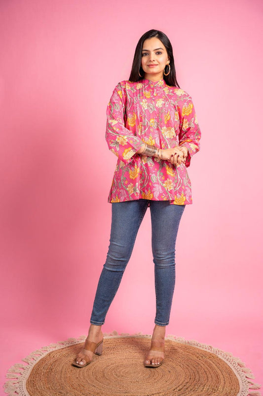 Ekisha's women pink designer floral printed cotton tunic top short kurti - Ekisha