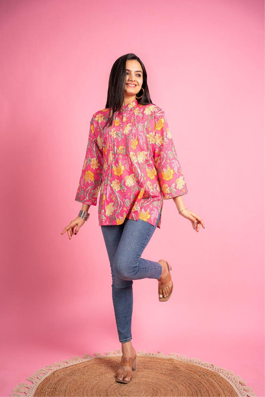 Ekisha's women pink designer floral printed cotton tunic top short kurti - Ekisha