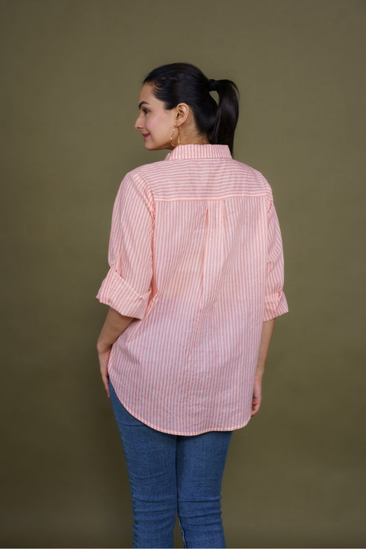 Women Pure Cotton white pink stripes printed relaxed fit shirt, back view