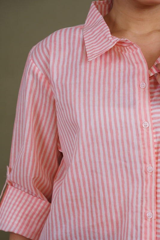 Women Pure Cotton white pink stripes printed relaxed fit shirt, detailed view