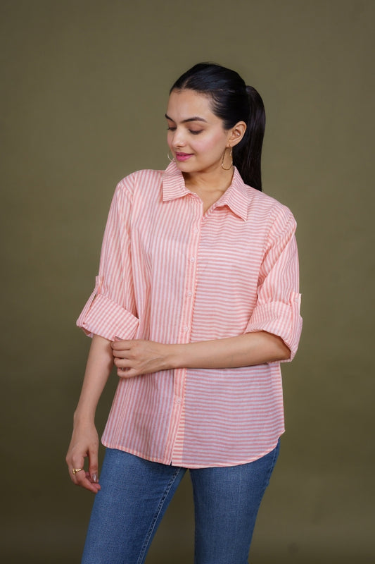 Women Pure Cotton white pink stripes printed relaxed fit shirt, front view 2