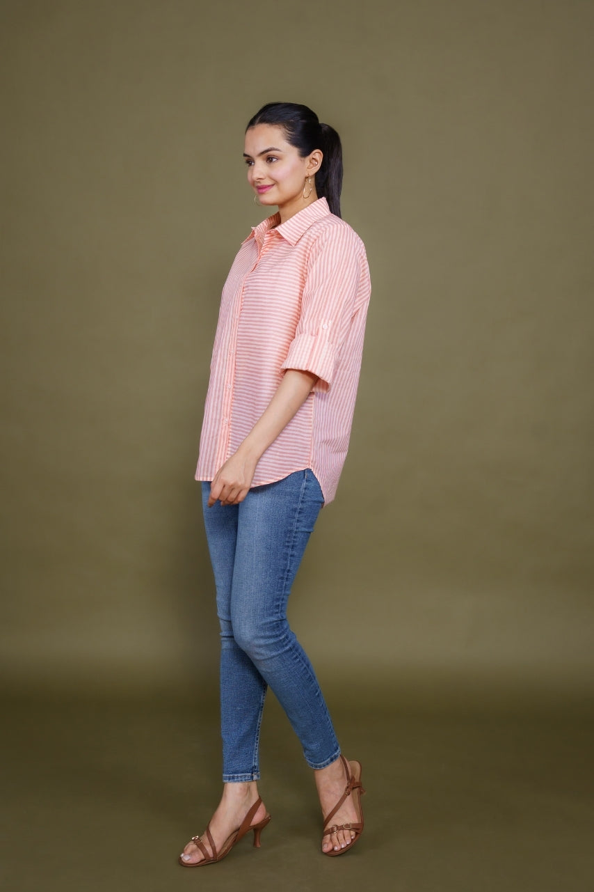Women Pure Cotton white pink stripes printed relaxed fit shirt, side view