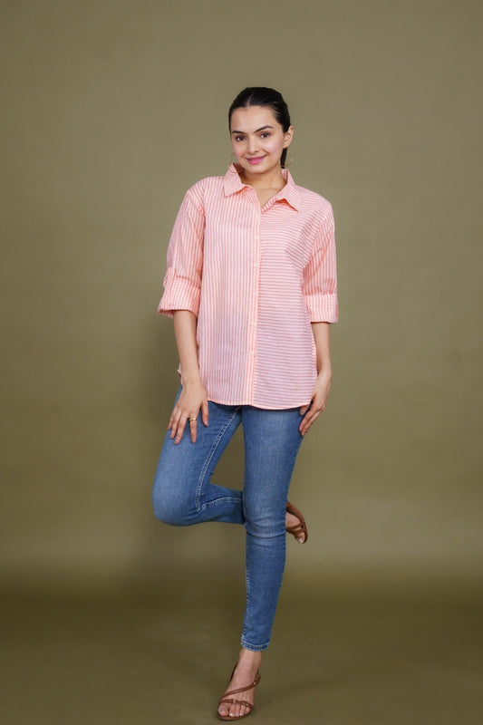 Women Pure Cotton white pink stripes printed relaxed fit shirt, front view 3