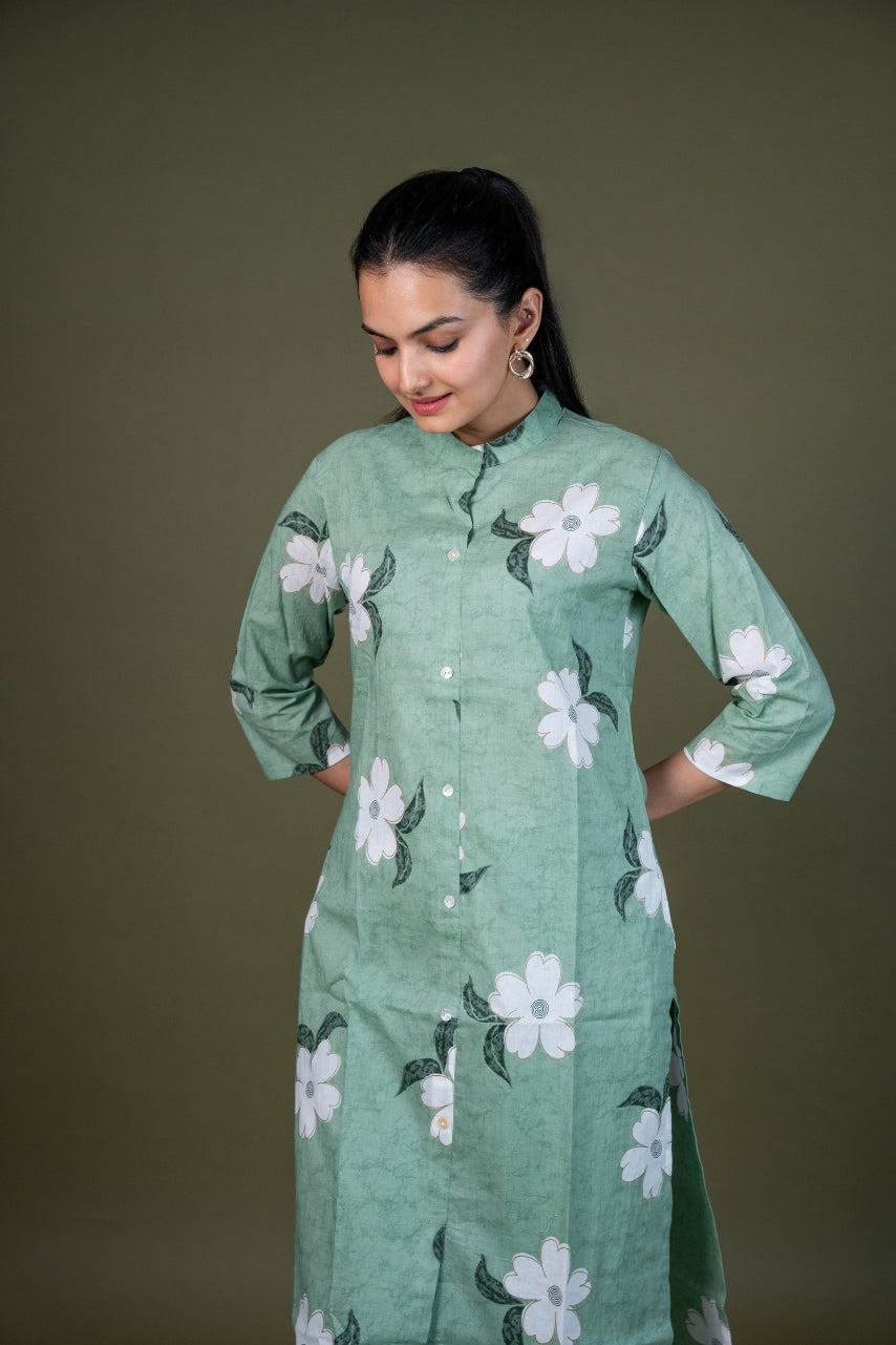 Ekisha's women pista green multicolor floral printed cotton co-ord set lounge wear, front view 2