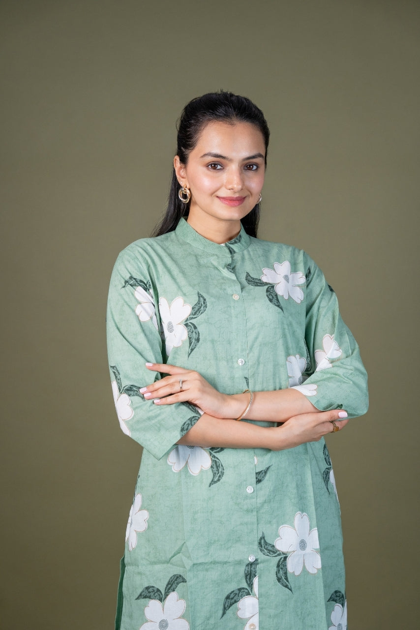 Ekisha's women pista green multicolor floral printed cotton co-ord set lounge wear, detailed view