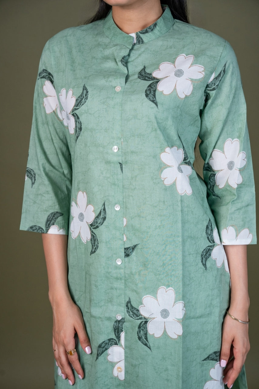Ekisha's women pista green multicolor floral printed cotton co-ord set lounge wear, detailed view 2