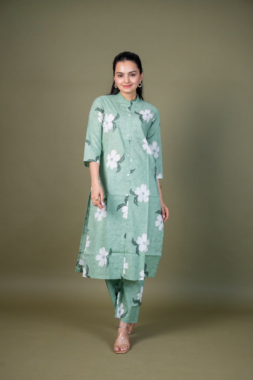 Ekisha's women pista green multicolor floral printed cotton co-ord set lounge wear, front view 3