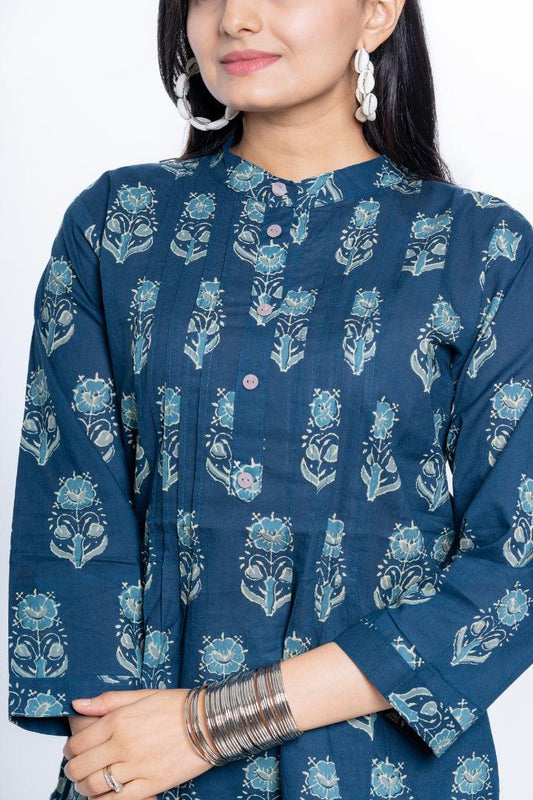 Ekisha's women pleated navy multicolor printed cotton tunic top short kurti - Ekisha