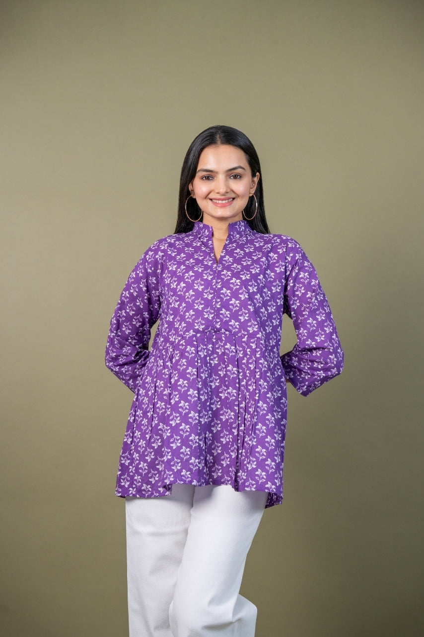 Ekisha's women purple beautiful designer floral printed cotton tunic top short kurti, front view
