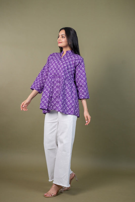 Ekisha's women purple beautiful designer floral printed cotton tunic top short kurti, side view