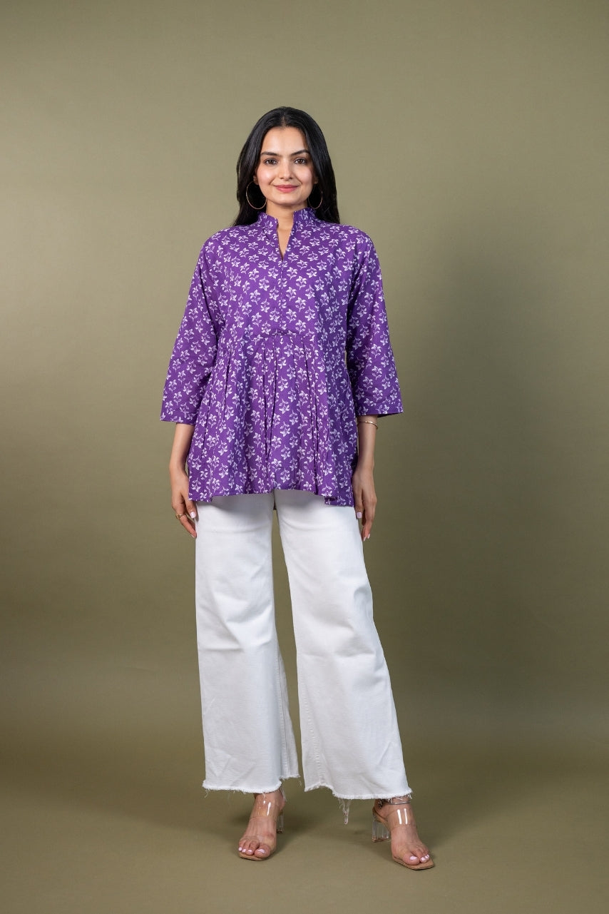 Ekisha's women purple beautiful designer floral printed cotton tunic top short kurti, front view 2