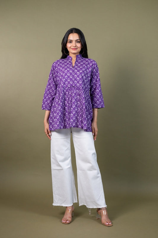 Ekisha's women purple beautiful designer floral printed cotton tunic top short kurti, front view 2