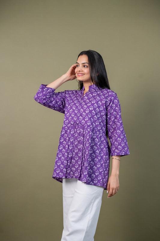 Ekisha's women purple beautiful designer floral printed cotton tunic top short kurti, front view 3