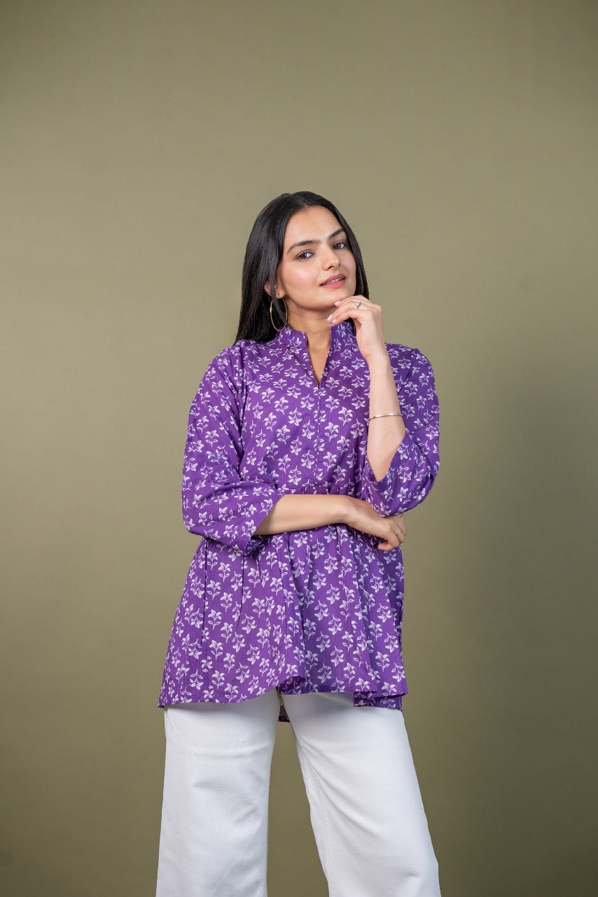 Ekisha's women purple beautiful designer floral printed cotton tunic top short kurti, front view 4