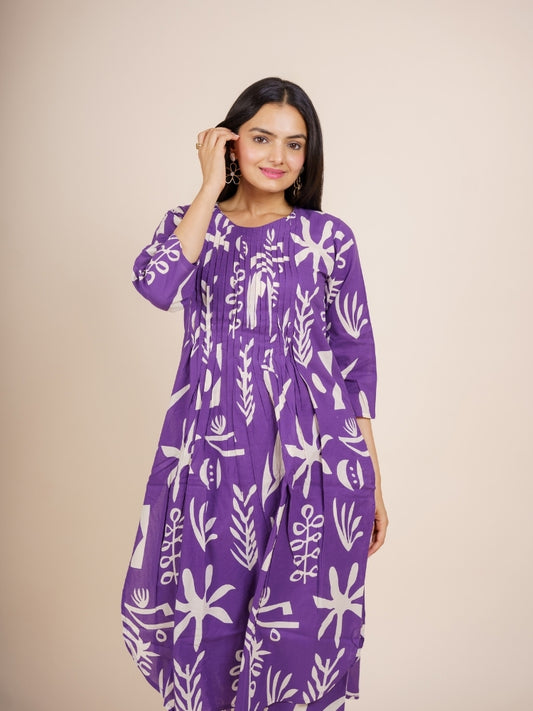 Ekisha's women purple designer abstract printed cotton co-ord set lounge wear, front view