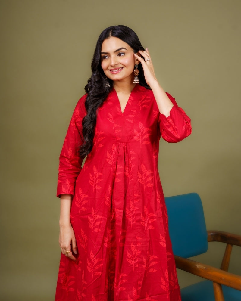 Ekisha's women red multicolor floral printed cotton co-ord set lounge wear, detailed view