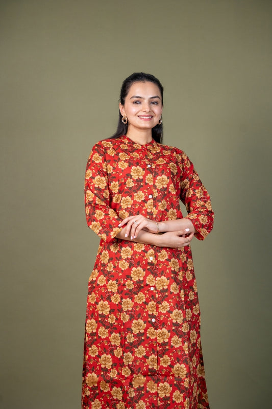 Ekisha's women red multicolor floral printed cotton co-ord set lounge wear, front view 2