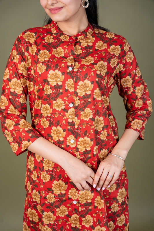 Ekisha's women red multicolor floral printed cotton co-ord set lounge wear, detailed view