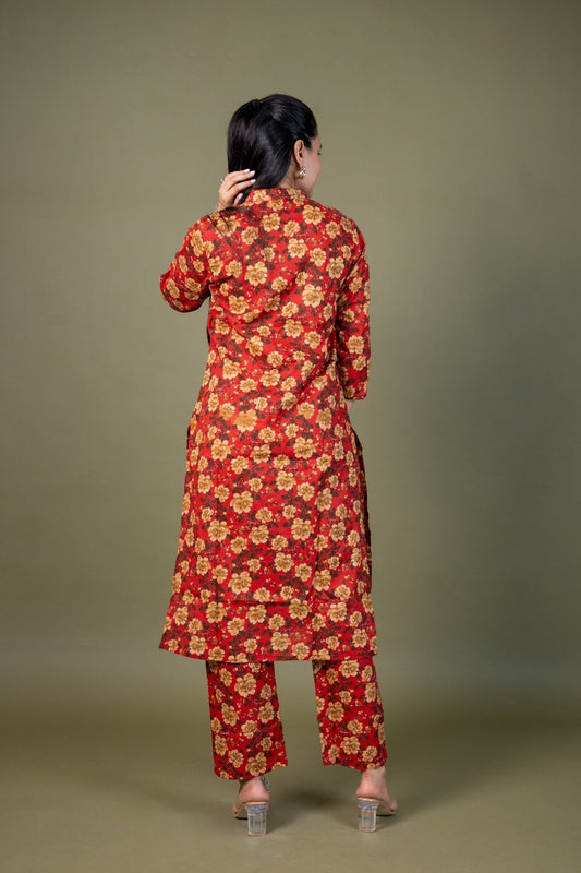 Ekisha's women red multicolor floral printed cotton co-ord set lounge wear, back view