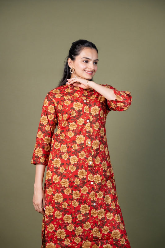 Ekisha's women red multicolor floral printed cotton co-ord set lounge wear, side view