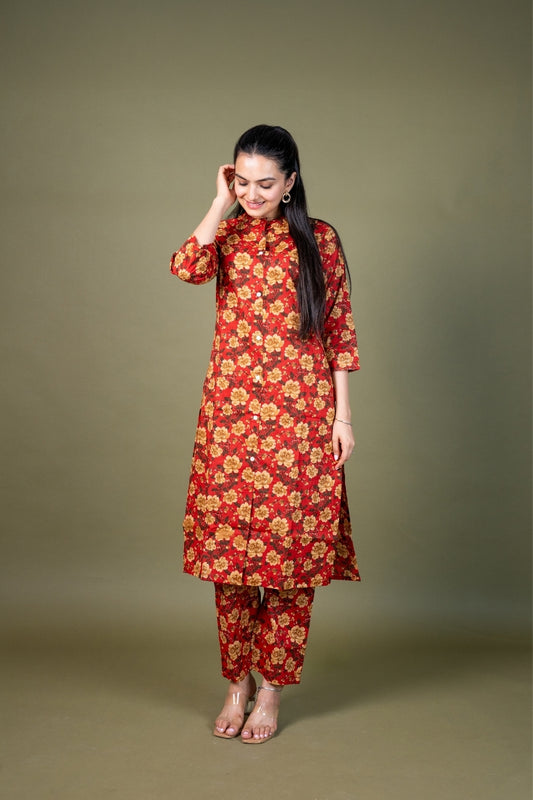 Ekisha's women red multicolor floral printed cotton co-ord set lounge wear, front view 3