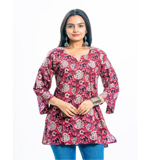 Ekisha's women rich red designer multicolor printed cotton tunic top short kurti - Ekisha